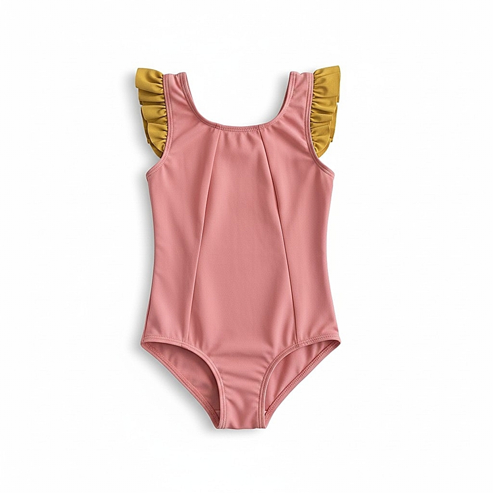 NWT! Dot Dot Smile Girls' Pink One-Piece Swimsuit with Yellow Ruffle Shoulders